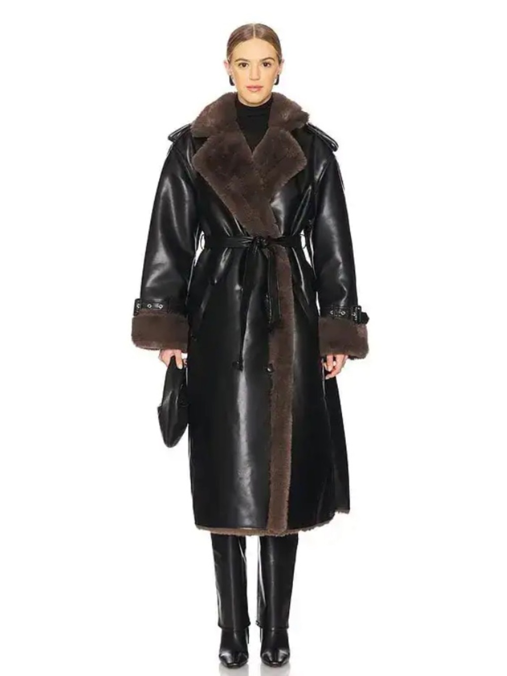 NWT WEWOREWHAT Bonded Faux Fur Trench Coat Vegan Leather Medium Black/Brown 7135